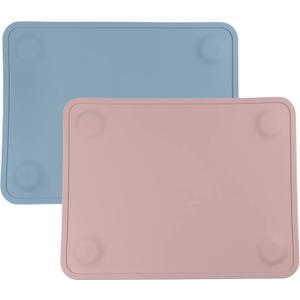 WeeSprout Silicone Suction Placemats for Babies, Toddlers & Kids, Durable Food Grade Silicone with Non-Slip Suction, Raised Edges Contain Mess, Dishwasher Safe, for Dining Table & Restaurants, 2 Pack (Large, Matte Blue, Pink)