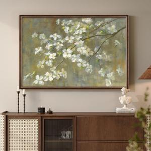 Framed Vintage Floral Wall Art, Green White Neutral Farmhouse Botanical Canvas Painting Prints Artwork for Walls, Rustic Retro Flower Picture for Living Room Bedroom Kitchen Hallway Wall Decor, 24x36