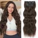 ALXNAN Clip in Hair Extensions for Women,Chocolate Brown with Dark Brown Long Wavy Hair Extensions Clip Ins 4PCS 24 Inch Synthetic Soft and Natural Thick Hair Pieces for Women