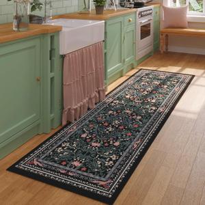 Runner Rug for Kitchen Rug Non Slip 2'x6' Washable Rugs with Rubber Backing Soft Vintage Floral Botanical Carpet Runner for Kitchen, Laundry, Bedroom, Bathroom, Black