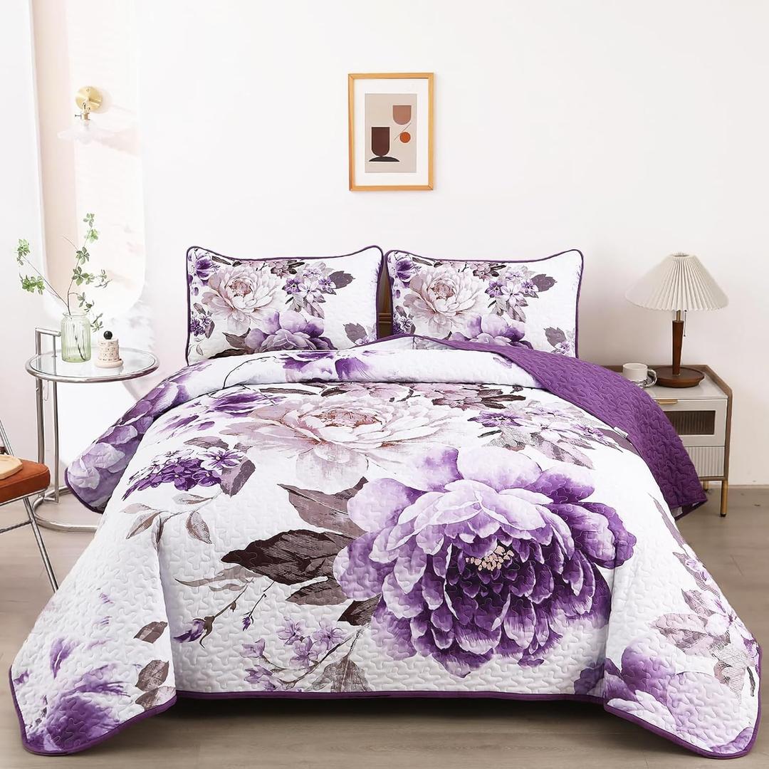 WONGS BEDDING Purple Floral Quilt Set King,3 Pieces Reversible Lightweight Printed Bedspread Coverlet Set for All Season Soft Microfiber Botanical Bedding Set with 2 Pillow Shams (King 104"90")