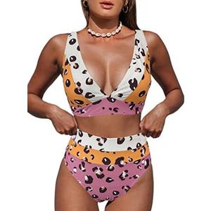 Hilinker Women's Leopard Bikini Swimsuits V Neck High Waisted 2 Piece Bathing Suits, XL