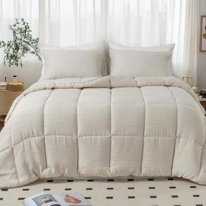 KASENTEX King Comforter Set - 3-Piece Farmhouse Bedding with Breathable Double Muslin Fabric, Ultra Soft and Fluffy Down Alternative, Lightweight Duvet Insert, Machine Washable, All-Season, Sand