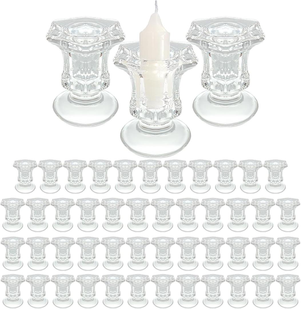 50 Pieces Glass Taper Candle Holders Bulk Clear Glass Taper Candlestick Holders for Wedding Table Centerpiece Party Decoration 2.2 Inch