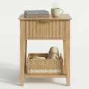 Modern Fluted Small Wood Nightstand, 11.8" Deep x 15.4" Narrow Bedside Table with Drawer & Open Shelf, Boho Scandinavian Accent End Table for Bedroom & Sofa - Oak