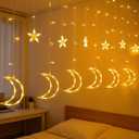 Dazzle Bright Ramadan Curtain String Lights, 138 LED 8.2 FT Warm White Star Moon Window Lights with Timer and 8 Lighting Modes, Waterproof Ramadan Decorations for Bedroom Wall Wedding Outdoor Party