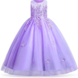 Girls Flower Vintage Lace Princess Long Dress for Kids Tulle Pageant Formal Party Wedding Floor Dance Evening Gown (7-8 Years, Light Purple-applique)