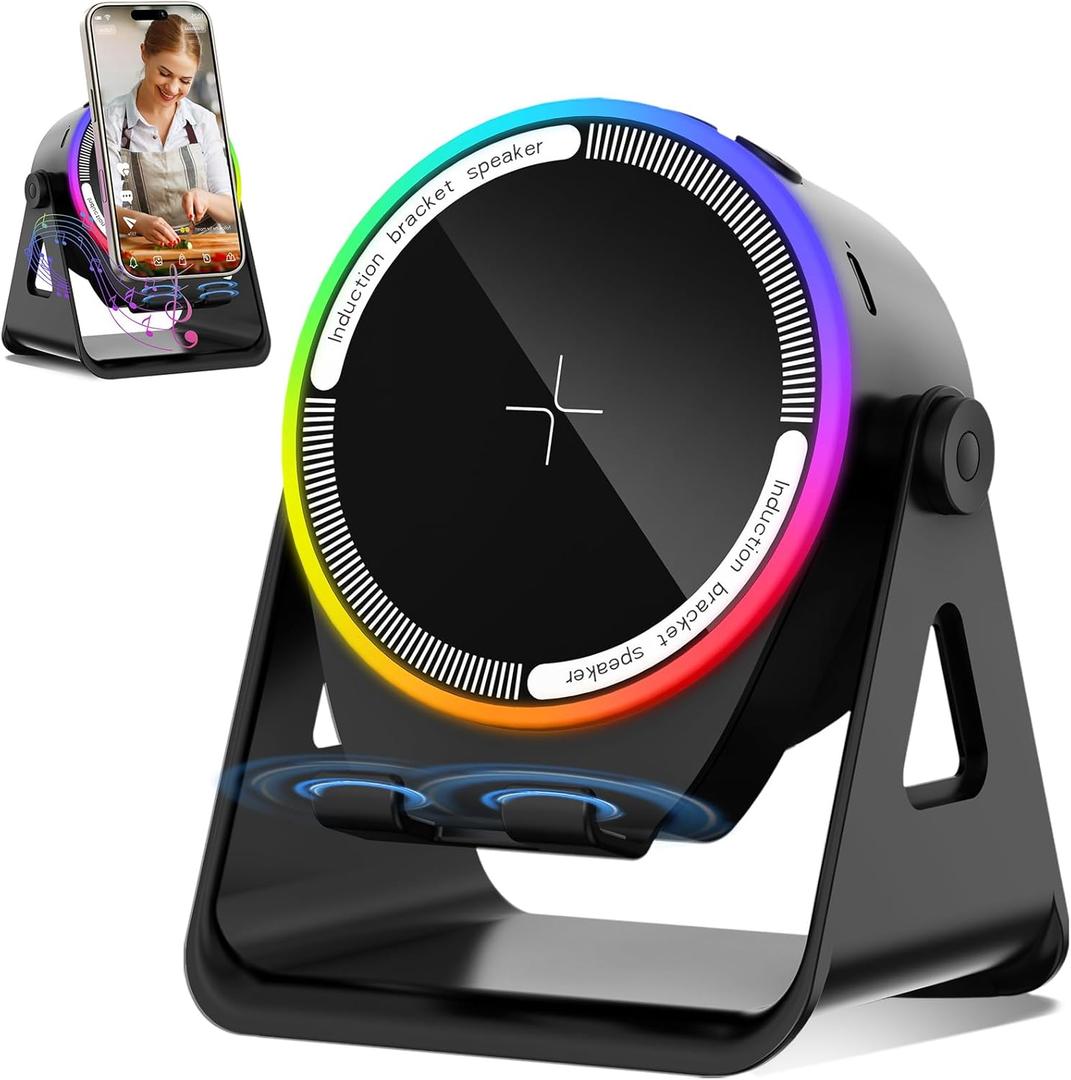 Wireless Induction Speaker, Multifunctional Bluetooth Phone Holder with RGB Light & 360 Rotation, HD Surround Sound, Compatible with iPhone/iPad/Android/Samsung
