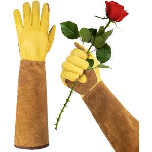 Long Gardening Gloves for Women Thorn Proof,Rose Pruning Cowhide Leather Garden Gloves for Cactus, Rose and Blackberry (Brown-medium)
