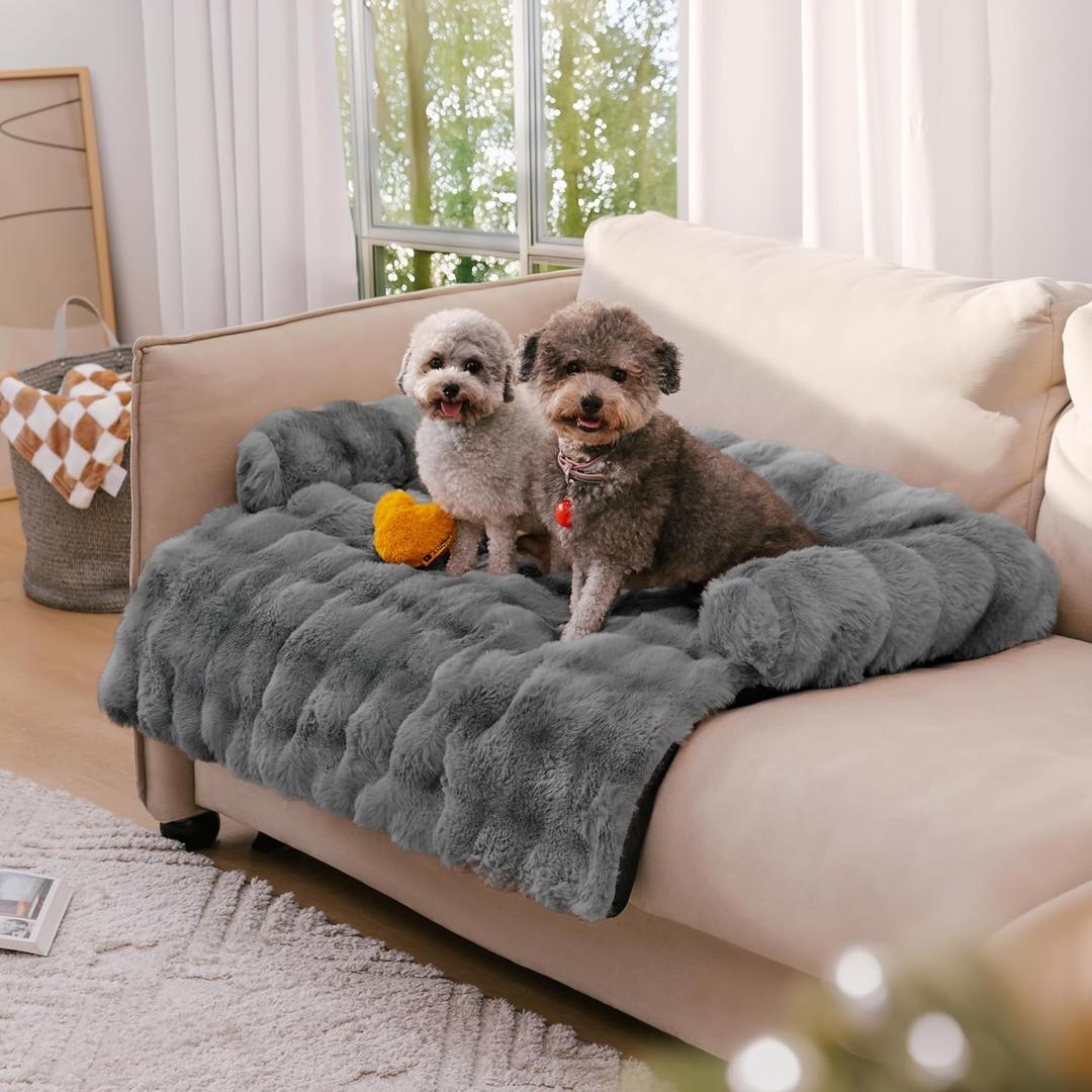 Calming Dog Bed Mat, Fluffy Fuzzy Couch Cover for Sofa, Furniture Protector with Removable Washable Cover for Small Dogs and Cats (Grey,33.45 × 28.35 × 5.51 in)