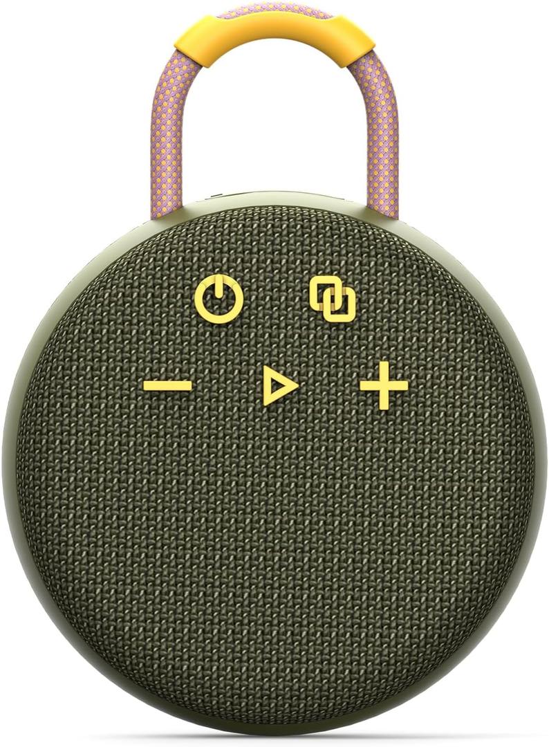 Musibaby Rugged Mini Clip-On Speaker BT 5.3, Waterproof Build, Shock-Resistant Rubber Shell, Great for Camping Packs, College Study Corners, or Travel Bags (Green
