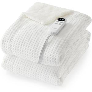 Waffle Heated Throw Blanket, Machine Washable Electric Blankets Fast Heating with LCD Controller, 6 Heat Levels & 1-4H Time Settings, ETL Certified Heat Throw for Couch, White, 50" x 60"