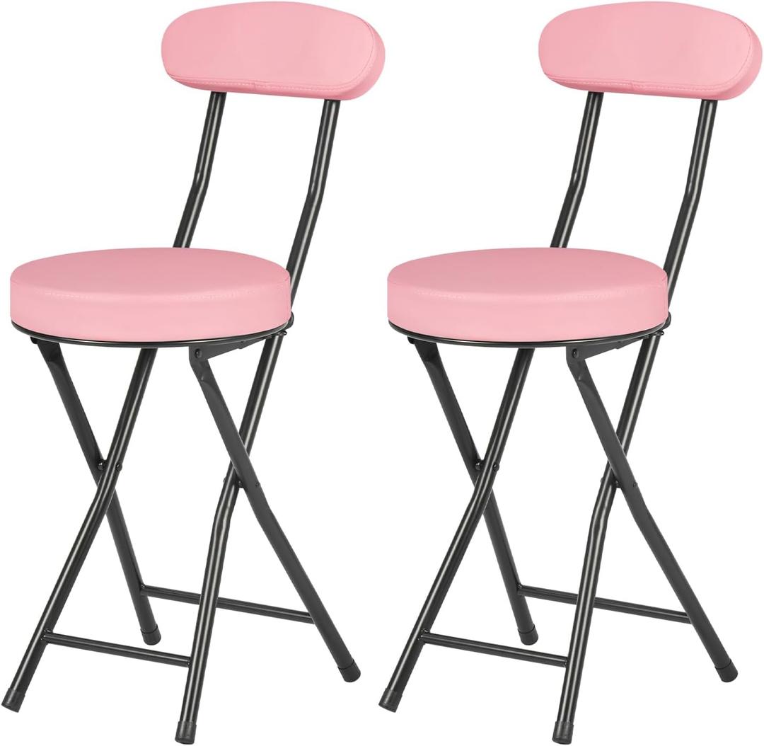 Cushioned Padded Folding Stools, Folding Bar Stool with Backrest, 220lb Capacity, 19 Inch Collapsible Round Portable Foldable Chair for Outdoor Indoor Kitchen Camping Fishing (Pink, 2 Pack)