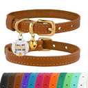 BRONZEDOG Leather Cat Collar with Bell Non Breakaway Kitten QR Tag for Girl Boy (7" - 9" for Cats, Light Brown & Gold)
