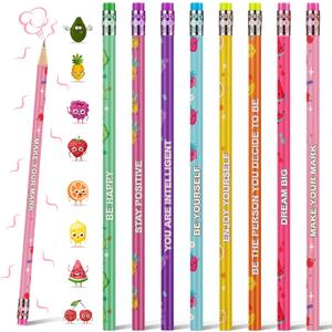Leinuosen 48 Pcs Scented Pencils for Kids Cute Motivational Colorful Fun Wood HB Pencils Bulk with Erasers Fruit Elements for School Office Classroom Student