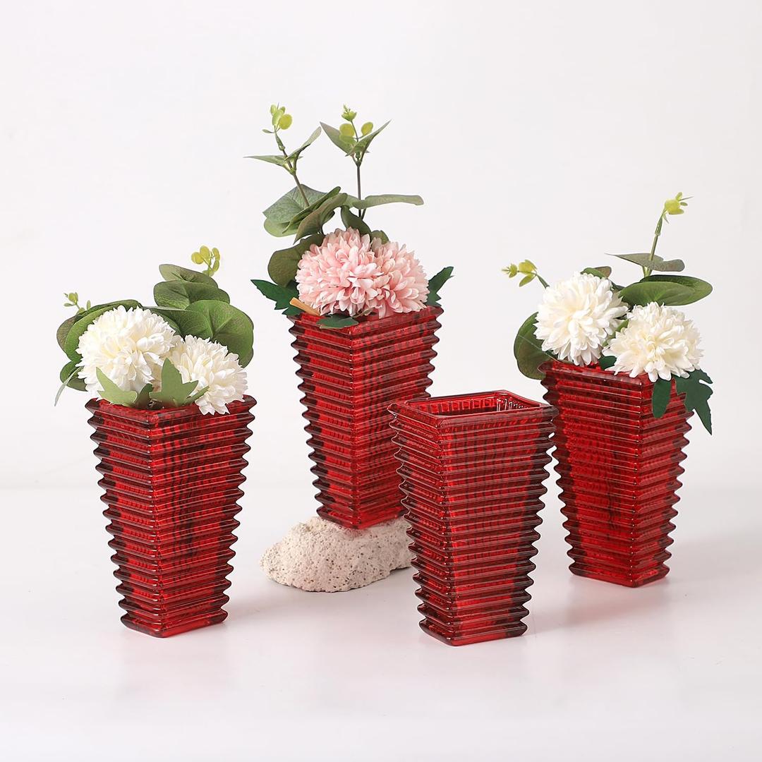 MCMCNCUIU Crystal Vases Set of 4, Red Glass Vases, Crystal Vase for Centerpieces, Modern Flower Vase for Living Room, Bedroom, Kitchen, Dining Table, Shelf, Wedding, 6 Inches
