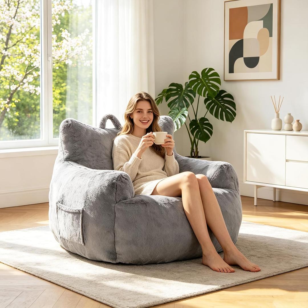 Giant Bean Bag Chair for Adults, Oversized Bean Bag with Filling Plush Fluffy, BeanBag Lazy Sofa Couch with Armrest for Living Room, Cat Shaped Beanbag Couch with Side pocket for Bedroom, Grey, Product Dimensions: 41.8“ L x 43” W x 30.5" H