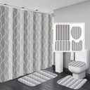 DDQQ 4Pcs Grey Shower Curtain Set with Rugs Stripe Bathroom Sets Geometric Wave Lines Shower Curtain with 12 Hooks Bathroom Decor with Rugs Bath Accessories with Mats Toilet Lid Cover