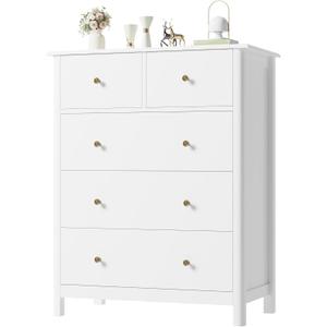 HOUSUIT White Dresser with 5 Drawers, Tall Chest of Drawers, 5 Drawer Dresser with Deep Space, Wood Storage Cabinet for Living Room, Hallway, Office, White