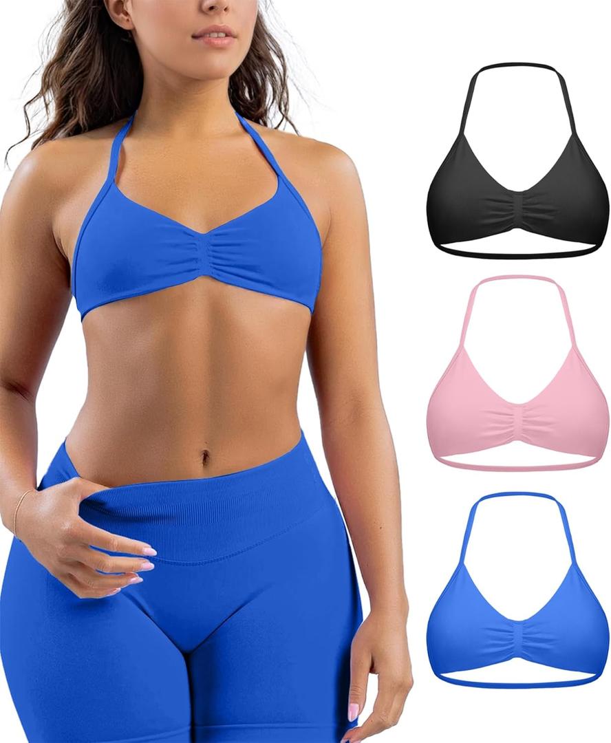 Comper Women's 3 Pack Strappy Bras Halter Bra Seamless Open Back Sports Bras Casual Bralette Crop top with Removable Cups (Medium, Black+sapphire Blue+pink)