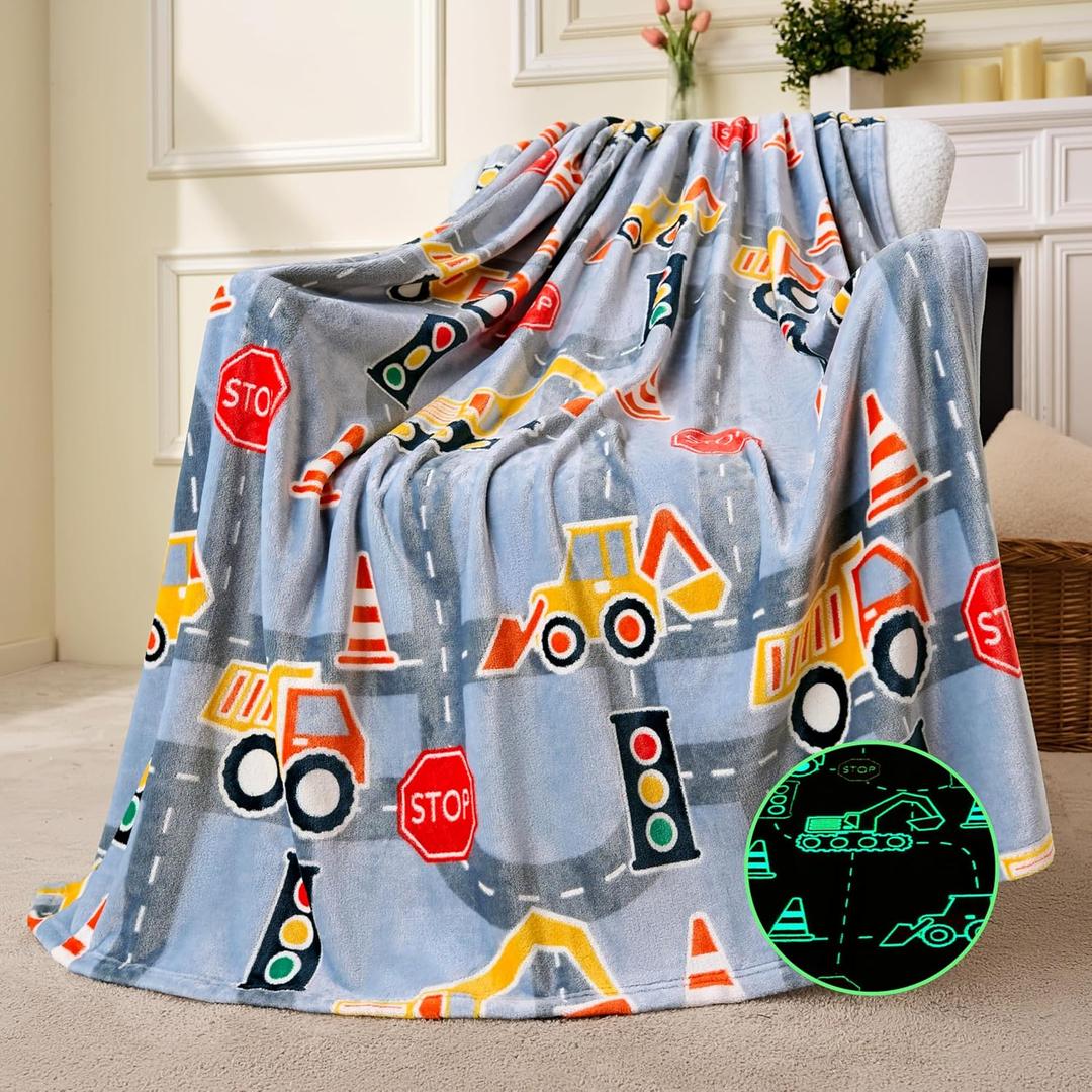 Joiedomi Glow in The Dark Blanket Construction Gifts for Boys Age 2 3 4 5 6 7 8 9 10 11 12 Year Old Boy Gifts, Soft Cozy Flannel Kids Throw Blanket, Birthday Bedroom Decor 50"x60"