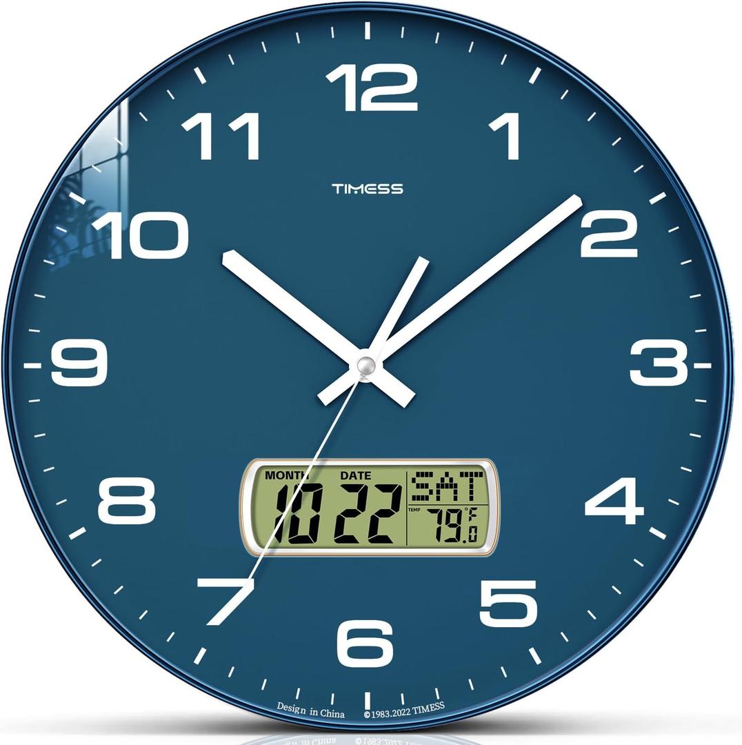 TIMESS Wall Clock, 12" Dial Non-Ticking Silent Battery Operated Analog with LCD Display for Perpetual Calendar and F Temperature, Ideal Modern Home, Bedroom, Kitchen, Office Decor (Blue)