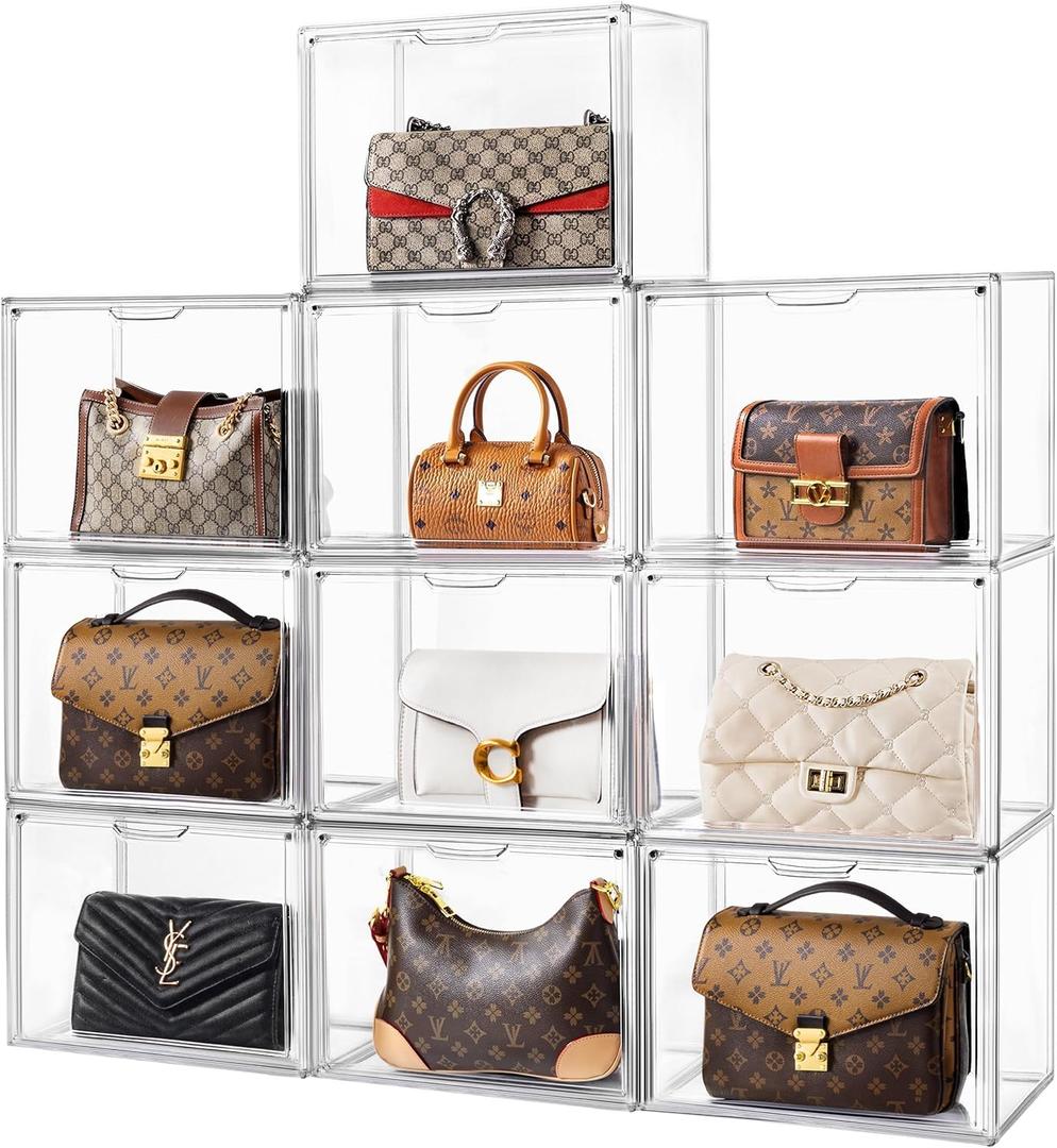HBlife 10 Pack Purse Storage Organizer for Closet, Large Clear Stackable Handbag Display Case Box with Magnetic Door for Collectibles, Cosmetics, Women Heels and Toys