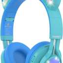 Riwbox Kids Headphones, CT-7S Cat Ear Bluetooth Headphones with LED Light, 85dB Volume Limiting, Over Ear with Microphone for Laptop/PC/TV (Blue & Green)