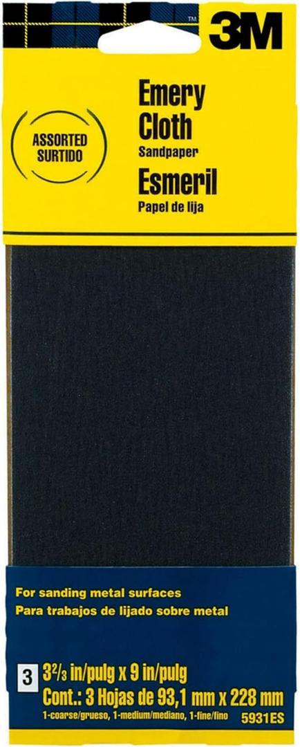 3M Emery Cloth Sandpaper, For Sanding Metal Surfaces, 3 Sheets, 3.67-in x 9-in, Assorted Grit Abrasives, Cloth Backed Sanding Paper, For Light Rust Removal & Cleaning, Light Metal Polishing (5931)