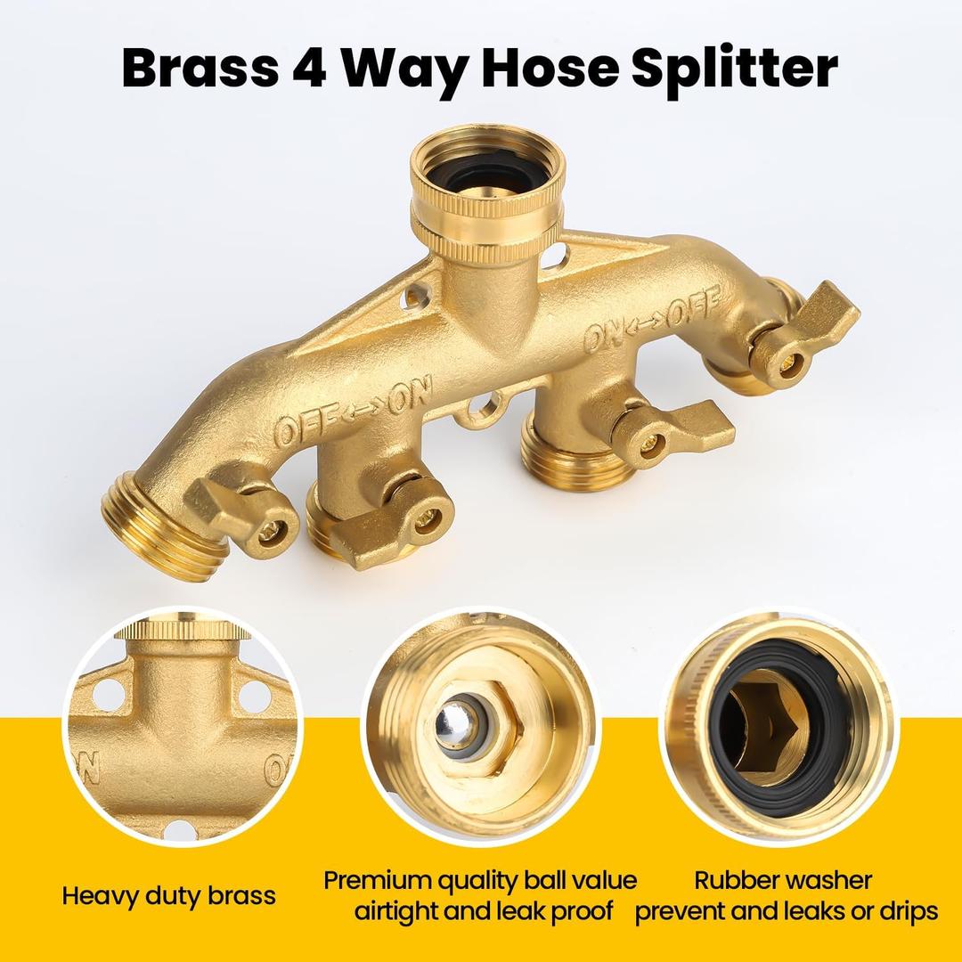 Twinkle Star Garden Hose Splitter 4 Way Brass Heavy Duty, Hose Extension Adapter with Coil Spring Protector, 6 Rubber Washers & 1 Teflon Tape