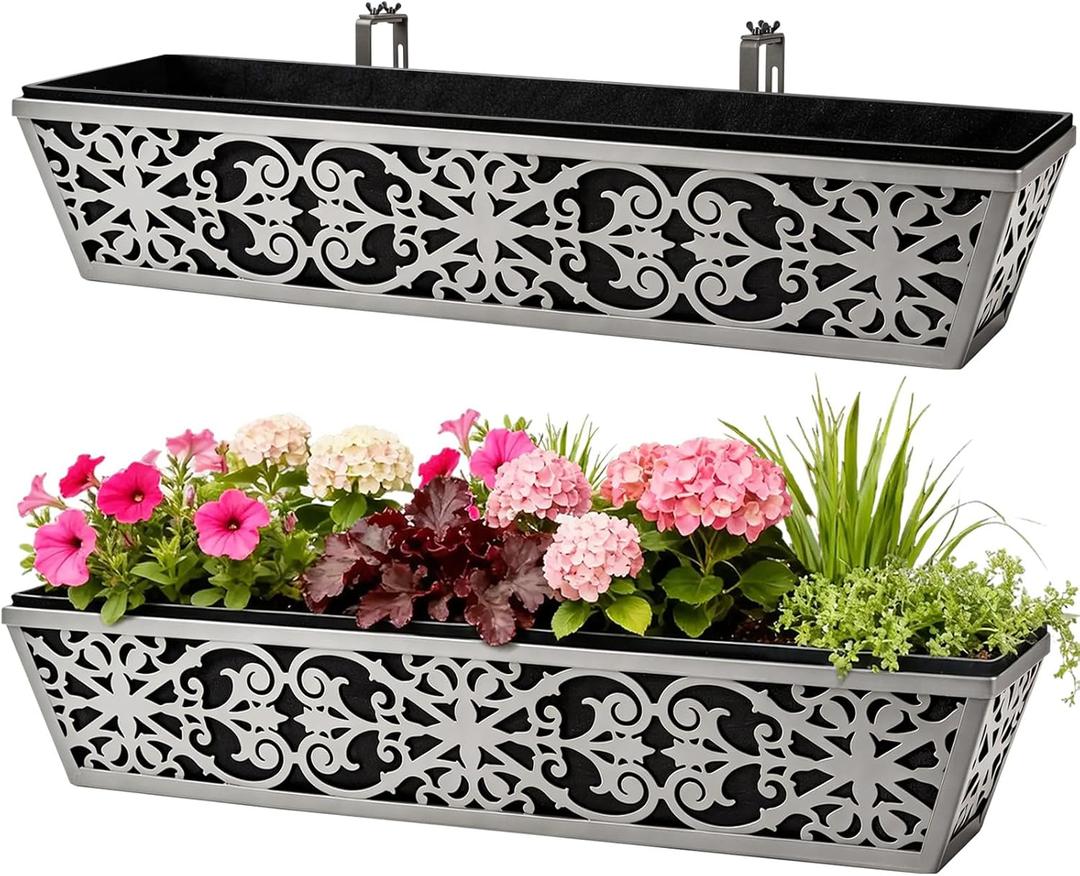 2 Pack 30 Inch Window Boxes Planter for Outdoor Plants Deck Railing Planters Box with Adjustable Brackets for Porch Fence Balcony Hanging Flower Baskets with Non-Woven Fabric Liner for Garden Dcor