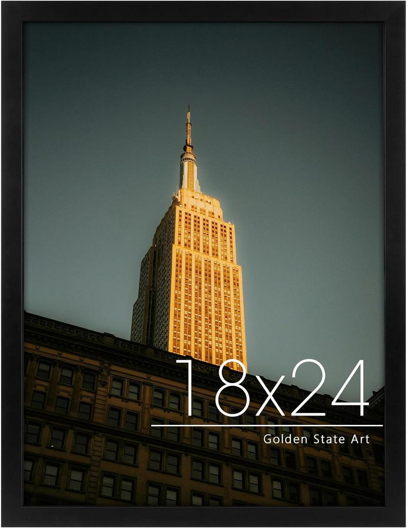 Golden State Art, 18x24 Frame, Black Solid Wood with Real Glass, 18 x 24 Picture Frames for Horizontal or Vertical Gallery Wall, Large Size Poster Frame, 1 Pack