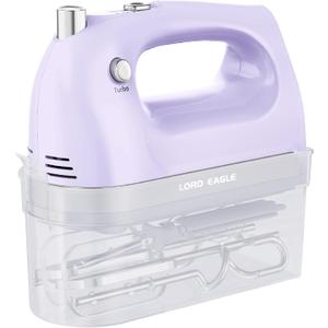 Lord Eagle Hand Mixer Electric Handheld 400W, 5-Speed Lightweight Kitchen Mixer with Storage Case, 5 Stainless Steel Attachments for Baking Cake Egg Cream Food Beater, Turbo+Eject Button, Purple (General)