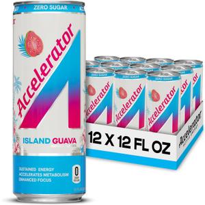 Accelerator Energy Drink, Island Guava 12oz can (12 pack), Zero Sugar, Sustained Energy from 100% Natural Caffeine (200mg from Green Coffee Bean & Green Tea extract) (EXP 06/01/26)