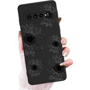 OOK Floral case for Samsung Galaxy S10 Plus Case, Cute Sunflower Floral Blooms Design Soft TPU Shockproof Protective for Women Girls Phone Cover - Black Flower