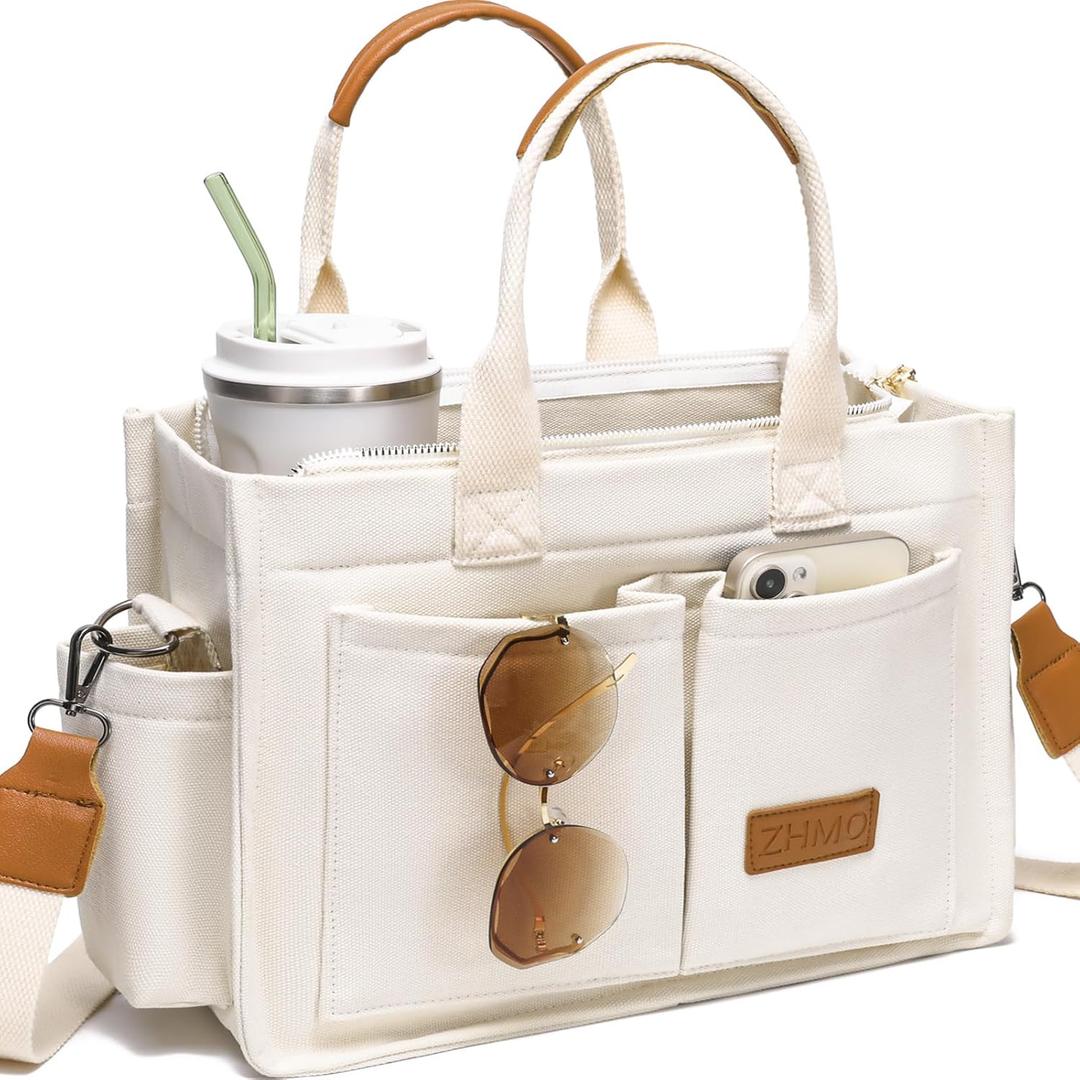 ZHMO Canvas Tote Bag for Women, Women's Bags Crossbody Bags Work Laptop Tote Bag Large Handbags Purse for Travel Nurse Teacher (New Upgrade White With Compartments and Side Cup Holders)