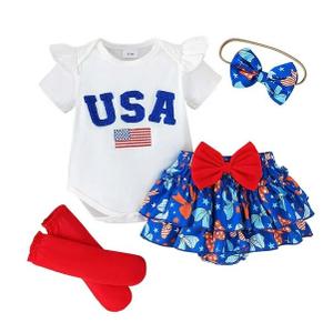 Newborn Onesies Girl Baby Newborn Girls Independence Day Letter Print Romper Shorts Socks Headband 4 Piece Holiday Party Outfit Baby Romper White 0 Months-3 Months