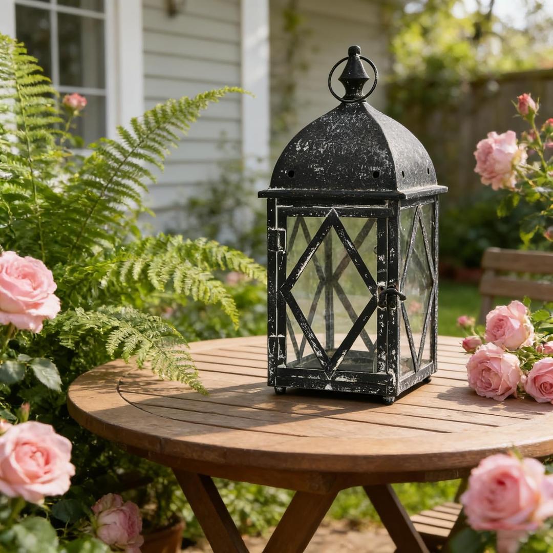 Vintage Metal Candle Lantern with Glass 17in Distressed Blue Rustic Large Farmhouse Hanging Candle Holder Lanterns for Indoor & Outdoor Front Porch Table Centerpiece Decor, Black