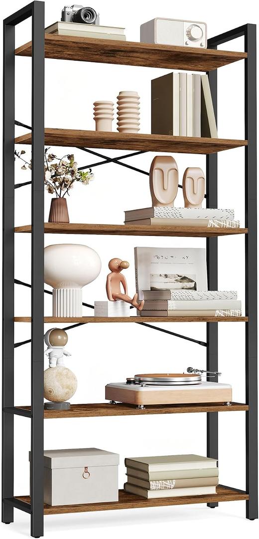 VASAGLE 6-Tier Bookshelf, Bookcase with Steel Frame, Book Shelf for Living Room, Home Office, Study, 11.8 x 26 x 73.2 Inches, Industrial Style, Rustic Brown and Ink Black ULLS062B01