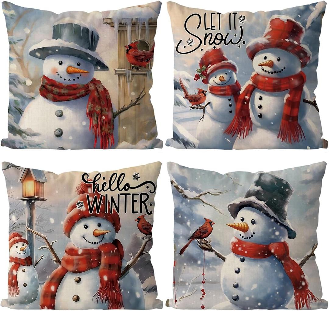 GAGEC Christmas Pillow Covers 18x18 Inch Set of 4 Snowman Pillow Case Vintage Christmas Xmas Winter Home Decor Living Room House Decorative Cushion Case for Sofa Couch