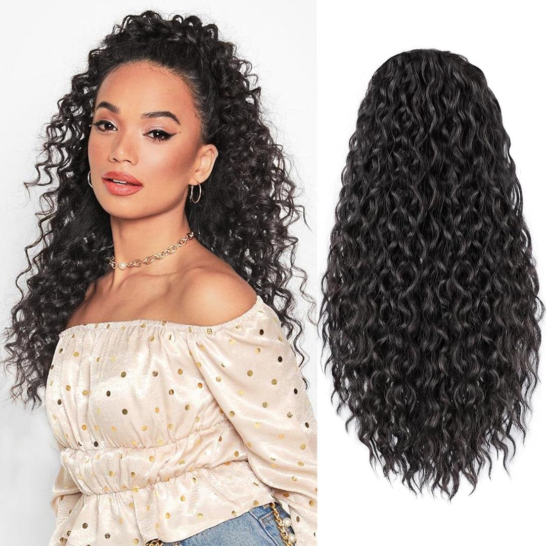 Curly Ponytail Extension Drawstring Ponytail 20 Inch Long Wavy Curly Clip in Ponytails Fake Pony Tails Hair Extensions Synthetic Curly Hair Thick Ponytail Extension Hairpiece (Brown Black)