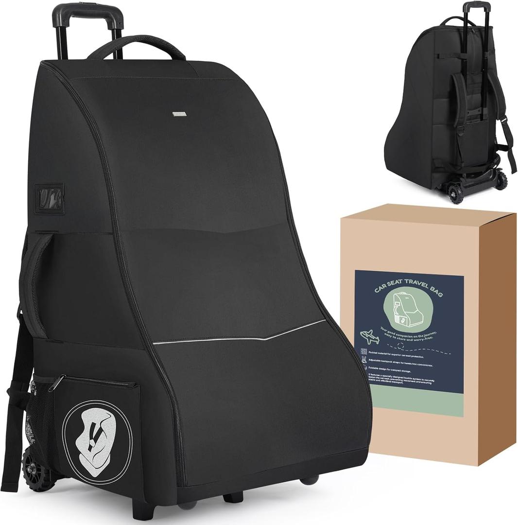 Travel Bag With Wheels for Airplane, Waterproof Padded Car Seat Carrier Backpack for Airport, Fits Infant & Convertible Seats, Black