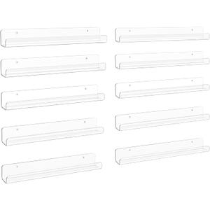 upsimples 10 Pack Clear Acrylic Shelves, 1.7" x12" Nursery Bookshelves, Small Floating Bookshelf for Kids Baby, Vinyl Wall Mount, Record Holder, Magazine Rack, Comic Display, Picture Ledge Shelf Dcor