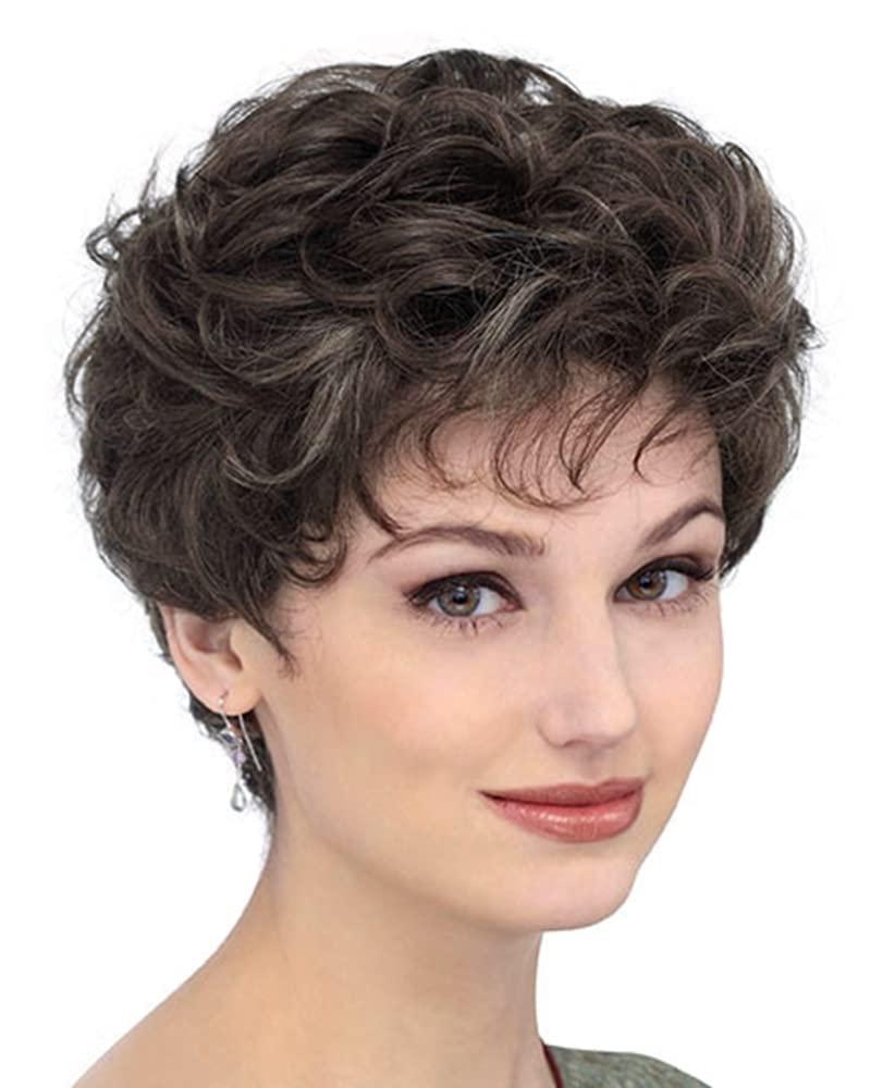 Short Curly Brown Pixie Wig Synthetic Layered Cosplay Hair Full Wigs for White Women, Dark Brown