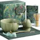 Matcha Whisk Set, 7 Pcs Japanese Matcha Kit Includes Matcha Bowl with Spout, Bamboo Whisk, Chasen Holder, Stainless Sifter, Scoop and Rest, Tea Towel, Matcha Tea Set Gift for Family/Friend (Mottled Green)