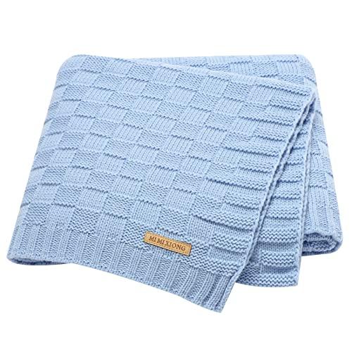 LAWKUL Baby Blanket Blue Cable Babe Blanket Checkered Knit Newborn Infants Soft Airy Receiving Swaddle Neutral Unisex 40"x30"