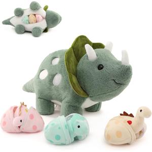 17.6in Plush Dinosaur Stuffed Animals, A Mommy Dinosaur with 3 Baby Dinosaurs, Triceratops, Stegosaurus, and Diplodocus