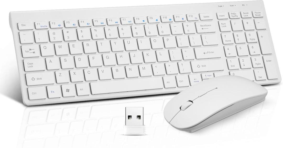 Wireless Keyboard and Mouse Combo, Compact Quiet Wireless Keyboard and Mouse Set 2.4G Ultra-Thin Sleek Design for Windows, Computer, Desktop, PC, Notebook, Laptop-White