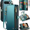Defencase for Google Pixel 10/Pro Case, RFID Blocking Wallet Case for Pixel 10 & 10 Pro Soft PU Leather Magnetic Snap Flip Zipper Strap Card Holder Phone Cases for Women Men, Blue Green