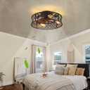 20" Caged Ceiling Fans with Lights Flush Mount Ceiling Fan with Remote,Small Black Low Profile Bladeless Ceiling Fan Light Fixture for Bedroom, Kitchen, Dining Room 4 bulbs Included,6 Speeds